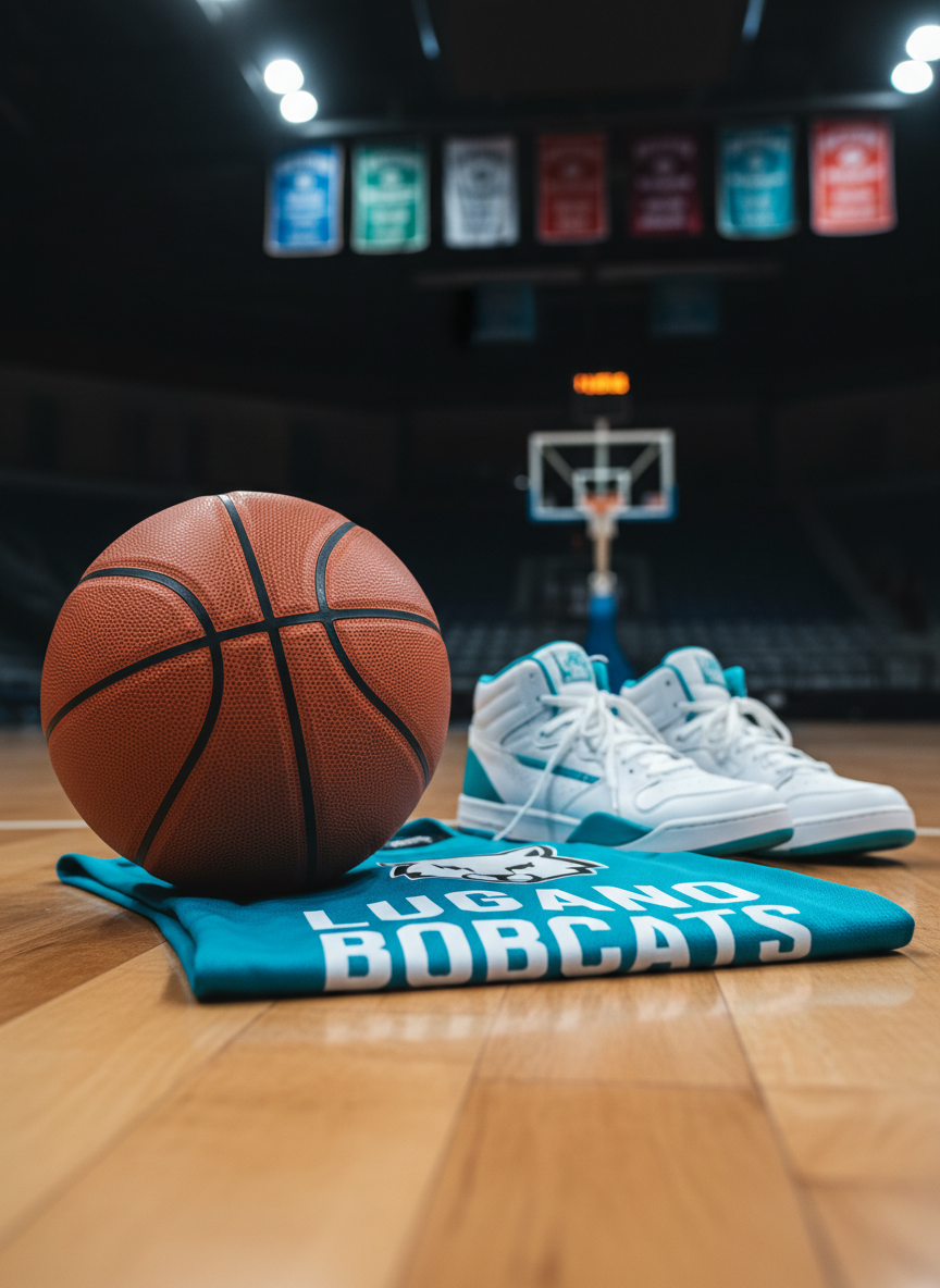 A close-up of an official basketball resting on a gleaming court, its textured orange leather and black seams captured in sharp photographic detail. Next to it lies a folded teal Lugano Bobcats jersey with a minimalist bobcat emblem and bold white lettering, and a pair of white and teal high-top sneakers casually tipped on their sides. Overhead arena lights cast bright, directional light that creates crisp highlights on the leather and glossy floor, with reflections stretching into a softly blurred background of hoops and faint banners. Shot at a low, three-quarter angle with shallow depth of field, the mood is energetic, focused, and playfully competitive.
