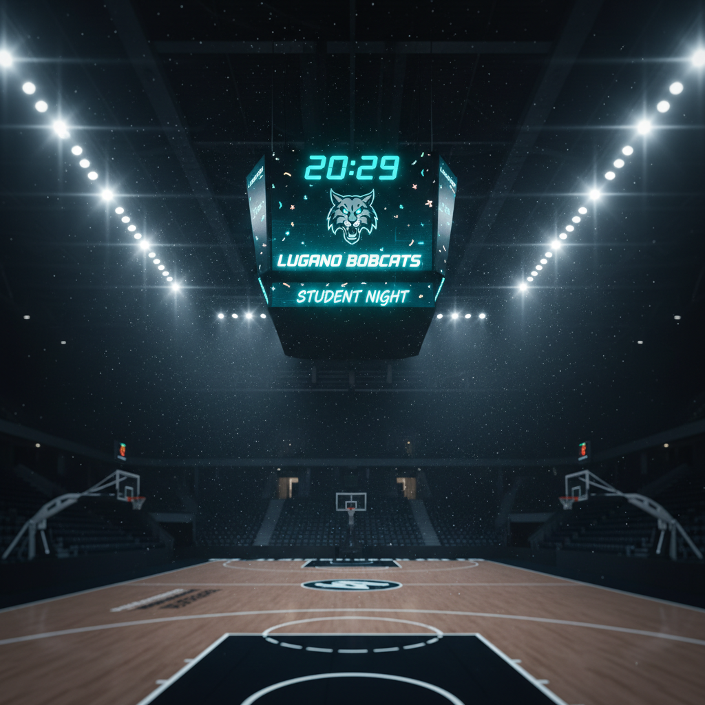 A dramatic, wide-angle photographic shot of an electronic scoreboard high above a basketball court, frozen at 20:29 with glowing teal digits just before the Lugano Bobcats game begins. The scoreboard displays a stylized bobcat logo and the words “Student Night” in bright, playful typography. Powerful overhead lights beam down, illuminating floating dust motes in the air and creating lens flares. Below, the empty court and hoops are visible but softly blurred, their lines and arcs forming dynamic patterns. The overall mood is electric and anticipatory, capturing the countdown to tip-off in a bold, modern, high-energy style.