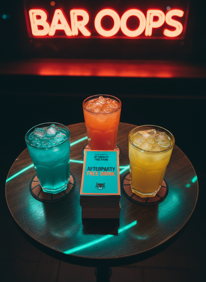 An eye-catching, photographic overhead view of a small table at Bar Oops set up for Lugano Bobcats student night. On the dark wooden tabletop sit a stack of teal and orange coupons labeled “Afterparty Free Drink” with a tiny bobcat icon, scattered between colorful mocktails in clear glasses, their ice cubes sparkling. A basketball-patterned coaster peeks from beneath one glass. Warm, dim bar lighting creates golden highlights on the glass rims and subtle shadows on the wood grain, while neon teal reflections add a playful glow. The composition is tidy but lively, evoking a fun, inviting, late-night party atmosphere.