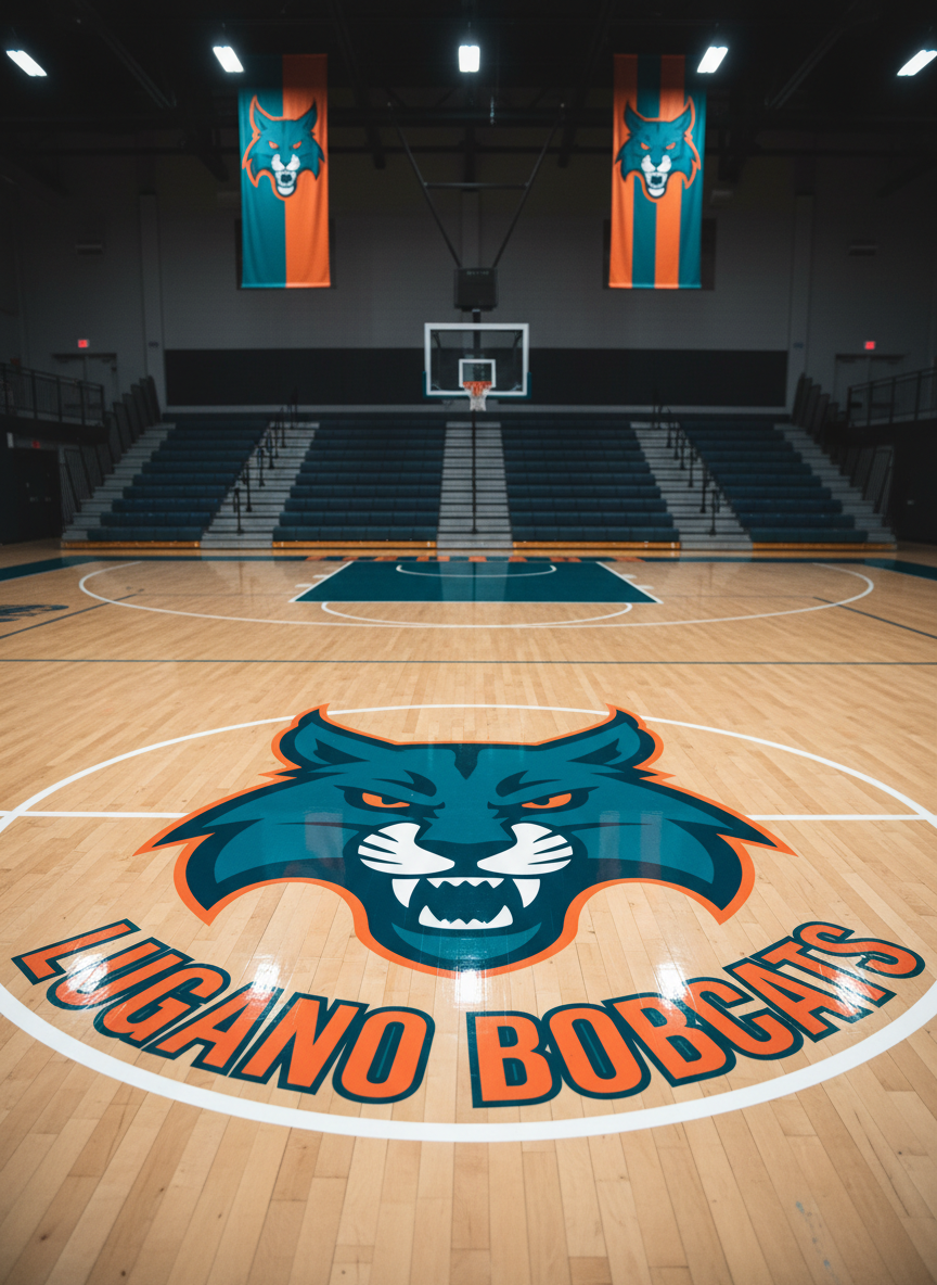 A polished hardwood basketball court with the Lugano Bobcats logo painted boldly at center, a stylized bobcat head in deep teal and bright orange, perfectly sharp and glossy. Around it, pristine white boundary lines glow under bright arena lights. Empty metal bleachers recede into a soft blur, with teal and orange banners hanging high on dark walls. The overhead lighting is crisp and even, creating subtle reflections on the lacquered floorboards. Photographed from a low, center-court angle in photographic realism, the logo dominates the frame, evoking anticipation, energy, and school pride in a clean, modern, playful atmosphere.