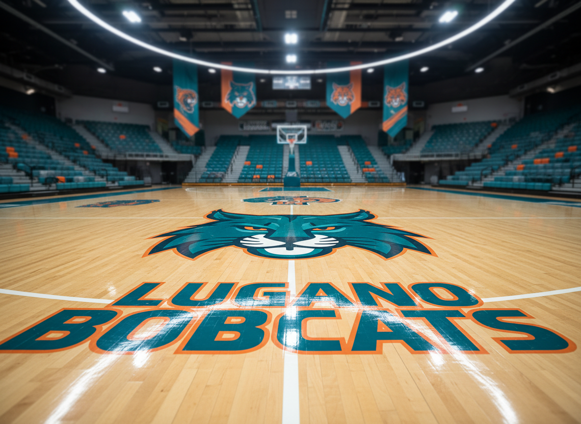 A polished hardwood basketball court with the Lugano Bobcats logo painted boldly at center, a stylized bobcat head in deep teal and bright orange, perfectly sharp and glossy. Around it, pristine white boundary lines glow under bright arena lights. Empty metal bleachers recede into a soft blur, with teal and orange banners hanging high on dark walls. The overhead lighting is crisp and even, creating subtle reflections on the lacquered floorboards. Photographed from a low, center-court angle in photographic realism, the logo dominates the frame, evoking anticipation, energy, and school pride in a clean, modern, playful atmosphere.
